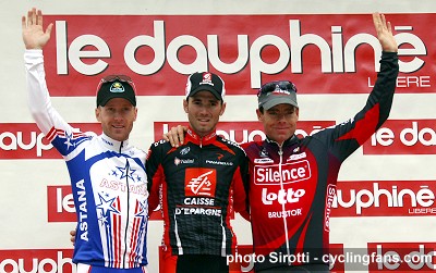 2008 Dauphine Libere, final podium: Levi Leipheimer (Astana, 3rd), Alejandro Valverde (Caisse d Epargne, 1st), Cadel Evans (Silence-Lotto, 2nd)
