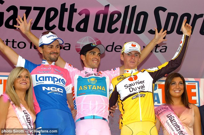 2008 Tour of Italy, the final podium: Marzio Bruseghin (Lampre), Alberto Contador (Astana), Riccardo Ricco (Saunier Duval)