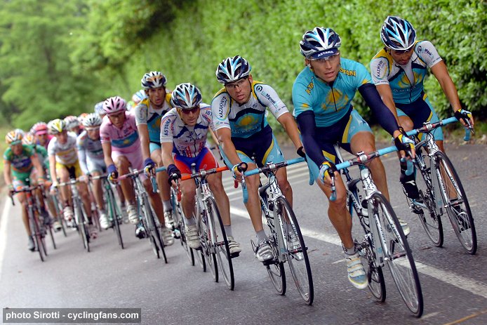 2008 Tour of Italy:  The Astana team of race leader Alberto Contador on the front during Stage 18