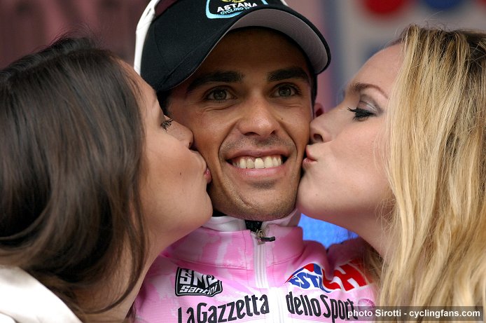 2008 Tour of Italy: Alberto Contador (Astana) with podium girls after Stage 15