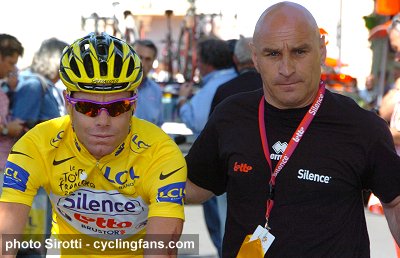 2008 Tour de France:  Cadel Evans and bodyguard Serge Borle before Stage 11