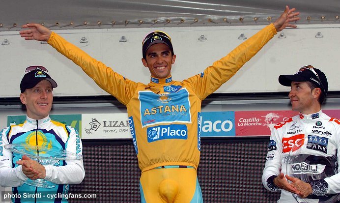 2008 Vuelta a Espana:  Levi Leipheimer (Astana, 2nd), Alberto Contador (Astana, 1st) and Carlos Sastre (CSC, 3rd) on the final podium in Madrid